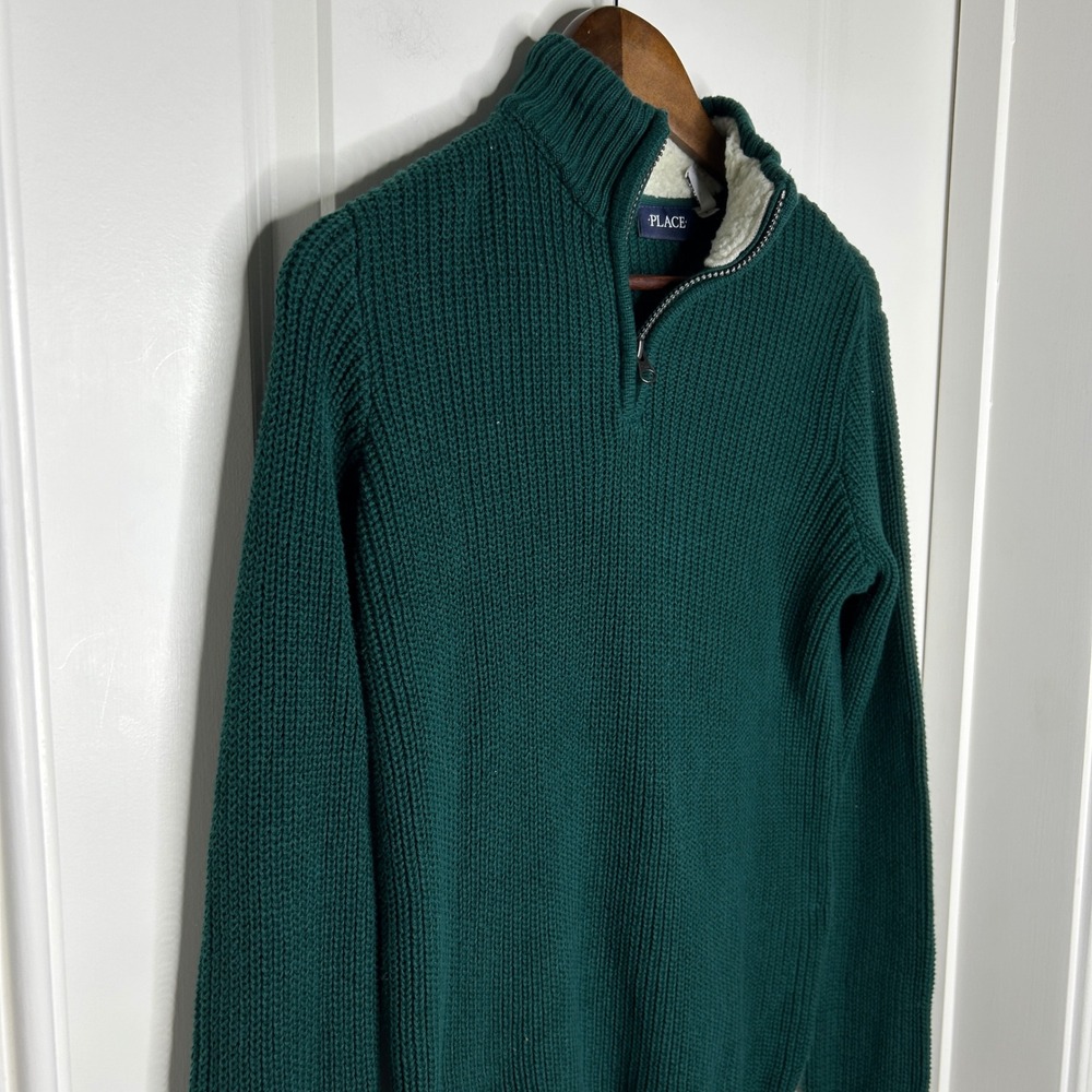 New The Childrens Place Boys Girls Green‎ Sherpa Lined 1/4 Zip Sweater Kids L G